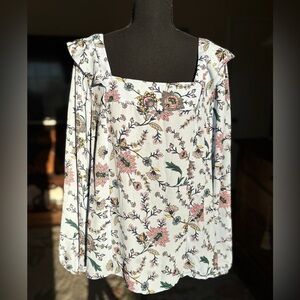 Banana Republic Light Blue Floral Square-Neck Blouse with Pink & Green Accents